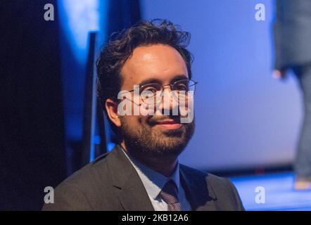 Der französische Juniorminister für den digitalen Sektor Mounir Mahjoubi, am 13. September 2018 in Nantes, Frankreich, anlässlich des Treffens „Numerique en communs“ (Digitale Treffen gemeinsam), bei dem die Akteure der digitalen Vermittlung des Territoriums zusammenkommen. Während dieses Besuchs hat er die nationale Strategie für eine inklusiv-digitale Technologie vorgestellt, die 13 Millionen Franzosen bei ihrer digitalen Nutzung Schulen und unterstützen wird. (Foto von Estelle Ruiz/NurPhoto) Stockfoto