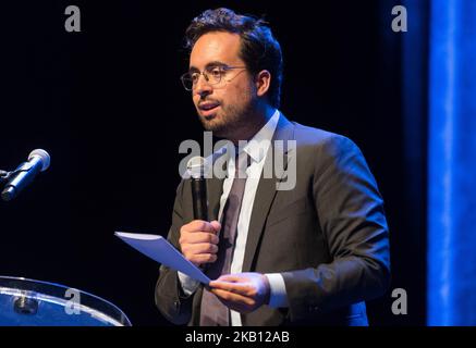 Der französische Juniorminister für den digitalen Sektor Mounir Mahjoubi, am 13. September 2018 in Nantes, Frankreich, anlässlich des Treffens „Numerique en communs“ (Digitale Treffen gemeinsam), bei dem die Akteure der digitalen Vermittlung des Territoriums zusammenkommen. Während dieses Besuchs hat er die nationale Strategie für eine inklusiv-digitale Technologie vorgestellt, die 13 Millionen Franzosen bei ihrer digitalen Nutzung Schulen und unterstützen wird. (Foto von Estelle Ruiz/NurPhoto) Stockfoto