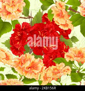 Nahtlose Textur Hibiskus Gelbe und rote tropische Blumen Zweige auf einem Blatt Hintergrund vintage Vektor botanische Illustration editierbare Hand zeichnen Stock Vektor