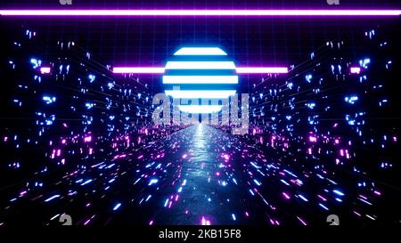 Cyber City 3D-Rendering in dunklem Neonlicht Stockfoto