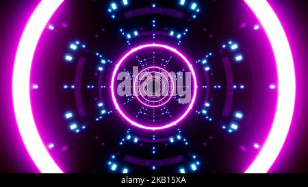 Tunnel mit neonvioletten Kreislichtern und blauen Punktlampen Stockfoto