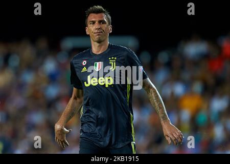 Mario Mandzukic von Juventus reagiert während des UEFA Champions League-Gruppenspiel zwischen FC Valencia und Juventus am 19. September 2018 in Mestalla in Valencia, Spanien (Foto: Sergio Lopez/NurPhoto) Stockfoto