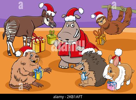 Cartoon-Illustration von lustigen Tierfiguren Gruppe mit Geschenken auf Weihnachtszeit Stock Vektor