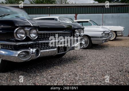 1958, 1959 und 1960 Cadillacs stehen nebeneinander Stockfoto