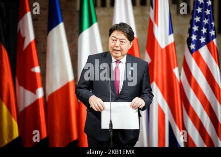 Münster, Deutschland. 03.. November 2022. Yoshimasa Hayashi, Außenminister Japans, wurde während einer Presseerklärung während des Treffens der G7 Außenminister in Münster am 3. November 2022 aufgezeichnet. Kredit: dpa/Alamy Live Nachrichten Stockfoto