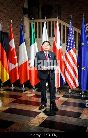 Münster, Deutschland. 03.. November 2022. Yoshimasa Hayashi, Außenminister Japans, wurde während einer Presseerklärung beim Treffen der G7 Außenminister in Münster am 3. November 2022 aufgezeichnet. Kredit: dpa/Alamy Live Nachrichten Stockfoto