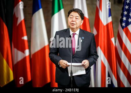 Münster, Deutschland. 03.. November 2022. Yoshimasa Hayashi, Außenminister Japans, wurde während einer Presseerklärung während des Treffens der G7 Außenminister in Münster am 3. November 2022 aufgezeichnet. Kredit: dpa/Alamy Live Nachrichten Stockfoto