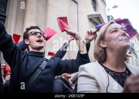 25. September 2018: Ludovine de La Rochère, Präsident des Manif pour tous, fordert nach der Veröffentlichung einer neuen Stellungnahme zur Revision des Bioethik-Gesetzes eine Reaktion vor dem Nationalen Ethikbeirat (CCNE). Am 25. September 2018 in Paris, Frankreich. (Foto von Olivier Donnars/NurPhoto) Stockfoto