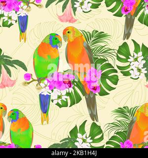 Nahtlose Textur Sun Conure Papageien tropische Vögel stehen auf einer lila Orchidee Phalaenopsis und Palm, Phiodendronon und Brugmansia Vektor illustrationatio Stock Vektor