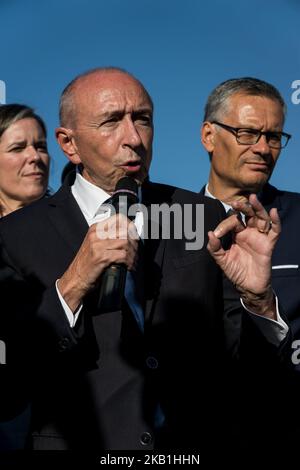 Innenminister Gérard Collomb legt am 28. September 2018 den Grundstein für die künftige Polizeistation in Bourgoin Jallieu, Frankreich. (Foto von Nicolas Liponne/NurPhoto) Stockfoto