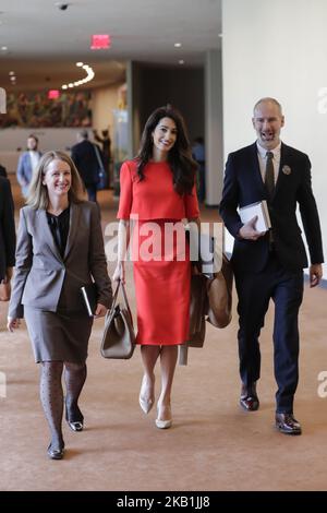 United Nations, New York, USA, 28. September 2018 - Amal Clooney während einer Veranstaltung zum Thema Presse hinter Gittern: Untergrabung von Gerechtigkeit und Demokratie heute im UN-Hauptquartier in New York City. (Foto von Luiz Rampelotto/EuropaNewswire/NurPhoto) Stockfoto