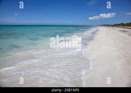 Der berühmte Strand von Varadero in Kuba mit einem ruhigen türkisfarbenen Meer, weißem Sand und Palmen. Ein wirklich exotisches Reiseziel. (Foto von Nicolas Economou/NurPhoto) Stockfoto