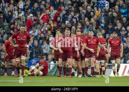 Munster-Spieler feiern das Tor beim Guinness PRO14-Spiel zwischen Leinster Rugby und Munster Rugby im Aviva Stadium in Dublin, Irland, am 6. Oktober 2018 (Foto: Andrew Surma/NurPhoto) Stockfoto