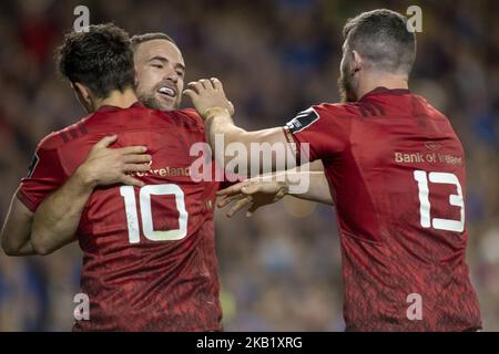 Munster-Spieler feiern das Tor beim Guinness PRO14-Spiel zwischen Leinster Rugby und Munster Rugby im Aviva Stadium in Dublin, Irland, am 6. Oktober 2018 (Foto: Andrew Surma/NurPhoto) Stockfoto