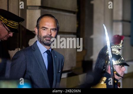 Der französische Premierminister und Interims-Innenminister Edouard Philippe wartet auf die Ankunft von G6 Ministern am 8. Oktober 2018 in Lyon während des Gipfels der Innenminister Frankreichs, Deutschlands, des Vereinigten Königreichs, Spaniens, Italiens und Polens im Jahr G6. Die Innenminister der G6 europäischen Länder trafen sich zu einem Treffen, um die internationale Zusammenarbeit in Migrationsfragen und die Bekämpfung des Terrorismus zu erörtern. (Foto von Nicolas Liponne/NurPhoto) Stockfoto