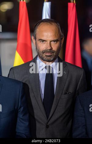 Der französische Premierminister und Interims-Innenminister Edouard Philippe wartet auf die Ankunft von G6 Ministern am 8. Oktober 2018 in Lyon während des Gipfels der Innenminister Frankreichs, Deutschlands, des Vereinigten Königreichs, Spaniens, Italiens und Polens im Jahr G6. Die Innenminister der G6 europäischen Länder trafen sich zu einem Treffen, um die internationale Zusammenarbeit in Migrationsfragen und die Bekämpfung des Terrorismus zu erörtern. (Foto von Nicolas Liponne/NurPhoto) Stockfoto