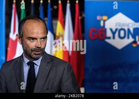 Der französische Premierminister und Interims-Innenminister Edouard Philippe wartet auf die Ankunft von G6 Ministern am 8. Oktober 2018 in Lyon während des Gipfels der Innenminister Frankreichs, Deutschlands, des Vereinigten Königreichs, Spaniens, Italiens und Polens im Jahr G6. Die Innenminister der G6 europäischen Länder trafen sich zu einem Treffen, um die internationale Zusammenarbeit in Migrationsfragen und die Bekämpfung des Terrorismus zu erörtern. (Foto von Nicolas Liponne/NurPhoto) Stockfoto