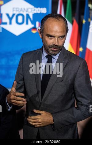 Der französische Premierminister und Interims-Innenminister Edouard Philippe wartet auf die Ankunft von G6 Ministern am 8. Oktober 2018 in Lyon während des Gipfels der Innenminister Frankreichs, Deutschlands, des Vereinigten Königreichs, Spaniens, Italiens und Polens im Jahr G6. Die Innenminister der G6 europäischen Länder trafen sich zu einem Treffen, um die internationale Zusammenarbeit in Migrationsfragen und die Bekämpfung des Terrorismus zu erörtern. (Foto von Nicolas Liponne/NurPhoto) Stockfoto