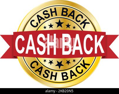 Cashback. Glänzende Goldmünze. Cashback-Wortbriefe. Symbol Aufkleber Etiketten Emblem 3D Vektor realistisch. Farbdarstellung. Stock Vektor