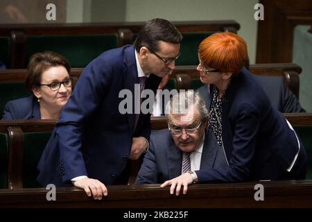 Mateusz Morawiecki, Piotr Glinski und Elzbieta Rafalska, am 6. Juni 2018 in Warschau, Polen (Foto: Mateusz Wlodarczyk/NurPhoto) Stockfoto
