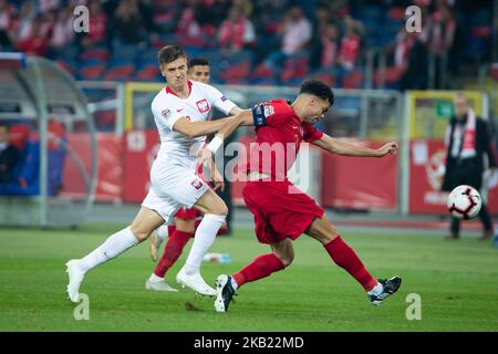 Krzysztof Piatek, Pepe (Kepler Laveran de Lima Ferreira) während der UEFA Nations League Ein Fußballspiel zwischen Polen und Portugal im Schlesischen Stadion in Chorzow, Polen am 11. Oktober 2018 (Foto: Mateusz Wlodarczyk/NurPhoto) Stockfoto
