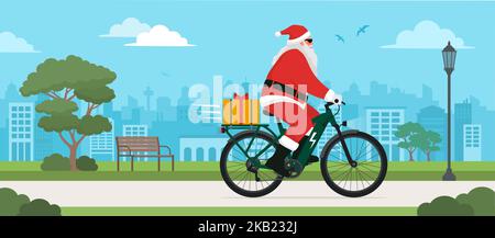 Moderner, umweltfreundlicher Weihnachtsmann auf einem E-Bike und mit einem Weihnachtsgeschenk Stock Vektor