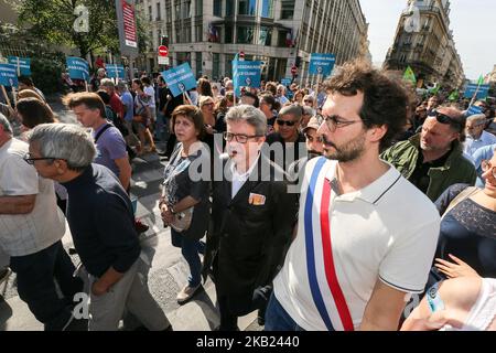 Jean-Luc Melenchon (C), Präsident der linken Partei „La France insoumise“, nimmt am 13. Oktober 2018 in Paris am märz gegen den Klimawandel Teil. (Foto von Michel Stoupak/NurPhoto) Stockfoto