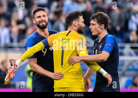Hugo Lloris #1, Olivier Giroud #9 und benjamin pavard #2 (FRA) während des Nationalliga-Spiels zwischen Frankreich und Deutschland im französischen Stadion am 16. Oktober 2018 in Paris, Frankreich. (Foto von Julien Mattia/NurPhoto) Stockfoto