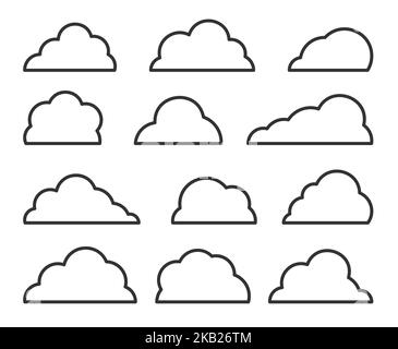 Wolken schwarz dünne Linie Symbol gesetzt. Übersicht über Datenbank, Netzwerk, Internet Cloud Storage-Zeichen. Verschiedene Formen abstrakten flauschigen linearen Wettervorhersage Symbol. Logo der Sprechblase, Designvorlage für Webbanner Stock Vektor