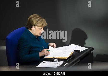 Bundeskanzlerin Angela Merkel wird am 17. Oktober 2018 im Bundestag in Berlin abgebildet. (Foto von Emmanuele Contini/NurPhoto) Stockfoto