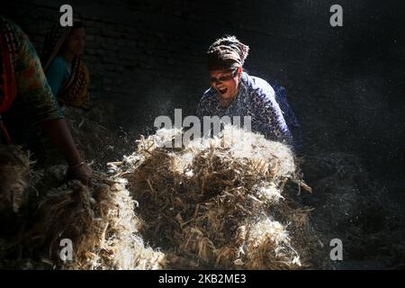 Arbeiter arbeiten in einer Jute-Verarbeitungsfabrik, während Sonnenstrahlen durch das Dach in Narayanganj in der Nähe von Dhaka, Bangladesch, 1. November 2018 (Foto: Mushfiqul Alam/NurPhoto) Stockfoto