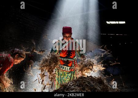 Arbeiter arbeiten in einer Jute-Verarbeitungsfabrik, während Sonnenstrahlen durch das Dach in Narayanganj in der Nähe von Dhaka, Bangladesch, 1. November 2018 (Foto: Mushfiqul Alam/NurPhoto) Stockfoto