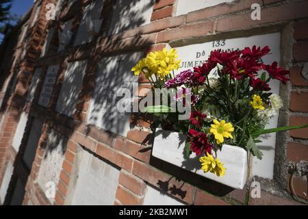 Blumen schmücken ein Grab auf dem Almudena-Friedhof in Madrid, während der Feierlichkeiten zum Allerheiligen am 1. November, einem katholischen Feiertag, an dem Menschen Friedhöfe im ganzen Land besuchen, um verstorbenen Verwandten Respekt zu erweisen. 1. November 2018 Madrid, Spanien (Foto von Oscar Gonzalez/NurPhoto) Stockfoto