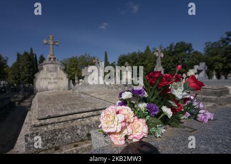 Blumen schmücken ein Grab auf dem Almudena-Friedhof in Madrid, während der Feierlichkeiten zum Allerheiligen am 1. November, einem katholischen Feiertag, an dem Menschen Friedhöfe im ganzen Land besuchen, um verstorbenen Verwandten Respekt zu erweisen. 1. November 2018 Madrid, Spanien (Foto von Oscar Gonzalez/NurPhoto) Stockfoto