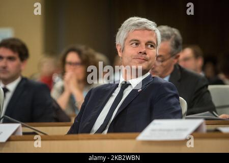 Laurent Wauquiez während der ersten Ausgabe der regionalen Treffen der Luft- und Raumfahrtindustrie im Regionalhotel Auvergne Rhône-Alpes in Lyon, Frankreich, am 5. November 2018. An der Veranstaltung nahmen Didier Katzenmayer, Director of Industrial Affairs bei Airbus Operations SAS, Jean Dominique Sénard, President von Michelin, Eric Trappier, CEO von Dassault Aviation und President von GIFAS, und Laurent Wauquiez, President der Region Auvergne-Rhône-Alpes, Teil. (Foto von Nicolas Liponne/NurPhoto) Stockfoto