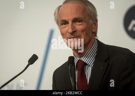 Dominique Sénard während der ersten Ausgabe der regionalen Treffen der Luft- und Raumfahrtindustrie im Regionalhotel Auvergne Rhône-Alpes in Lyon, Frankreich, am 5. November 2018. An der Veranstaltung nahmen Didier Katzenmayer, Director of Industrial Affairs bei Airbus Operations SAS, Jean Dominique Sénard, President von Michelin, Eric Trappier, CEO von Dassault Aviation und President von GIFAS, und Laurent Wauquiez, President der Region Auvergne-Rhône-Alpes, Teil. (Foto von Nicolas Liponne/NurPhoto) Stockfoto