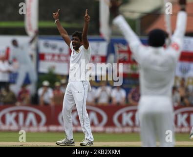 Sri Lanan Cricketspieler Dilruwan Perera appelliert während des 2.-tägigen Spiels des ersten Test-Cricket-Spiels zwischen Sri Lanka und England im Galle International Cricket Stadium, Galle, Sri Lanka. 11-07-2018 (Foto von Tharaka Basnayaka/NurPhoto) Stockfoto