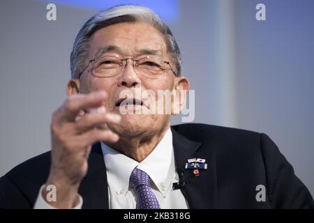 Norman Yoshio Mineta ist ein amerikanischer Politiker. Ein Mitglied der Demokratischen Partei hält eine Rede während der Präsentation des Mineta Legacy Project, der Japan Foundation for the United States und des US-Japan Council, des Dokumentarfilms an American Story: Norman Mineta und sein Vermächtnis, berichtet über das Leben und die Karriere von Sekretär Norman Mineta (stellvertretender Vorsitzender des USJC-Ratsgremiums), in Tokio, Japan, am 09. November 2018. (Foto von Alessandro Di Ciommo/NurPhoto) Stockfoto