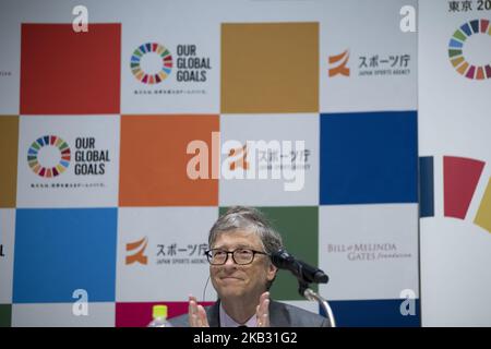 Bill Gates, Co-Vorsitzender der Bill & Melinda Gates Foundation, hält eine Rede während einer Pressekonferenz am 09. November 2018 in Tokio, Japan. Die Japan Sports Agency und die Bill and Melinda Gates Foundation haben eine neue Partnerschaft bekannt gegeben, um die Dynamik der Olympischen und Paralympischen Spiele Tokio 2020 zu nutzen, um mit dem Start der Kampagne „Unsere globalen Ziele“ im Jahr 2019 das Bewusstsein für die Ziele nachhaltiger Entwicklung (SDGs) zu erhöhen. (Foto von Alessandro Di Ciommo/NurPhoto) Stockfoto