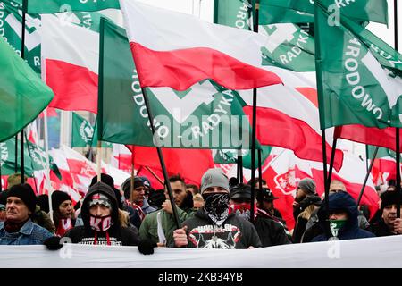 Hunderttausende marschieren, um die polnische Unabhängigkeit in Warschau zu feiern. Unterstützer des nationalen radikalen Lagers am 11. November 2018 in Warschau, Polen (Foto: Jakub Wlodek/NurPhoto) Stockfoto