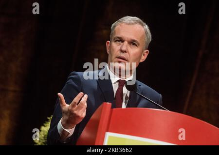 Nationales Symposium „Wasser und Klimawandel, eines Tages, Lösungen“ der Wasseragenturen und der Beckenkomitees sowie im Rahmen der Wasserkonferenz in Lyon, Frankreich, am 15. November 2018. François de RUGY, Staatsminister, Minister für ökologischen und solidarischen Wandel, hielt eine Rede auf der Konferenz. (Foto von Nicolas Liponne/NurPhoto) Stockfoto