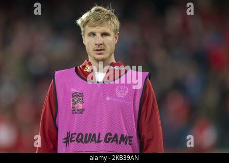 Martin Hinteregger aus Österreich während der UEFA Nations League B Group 3 zwischen Nordirland und Österreich am 18. November 2018 im Windsor Park in Belfast, Nordirland, Großbritannien (Foto: Andrew Surma/NurPhoto) Stockfoto