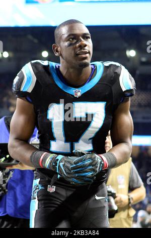 Carolina Panthers Wide Receiver Devin Funchess (17) geht nach einem NFL-Fußballspiel gegen die Detroit Lions in Detroit, Michigan, USA, am Sonntag, 18. November 2018, vom Spielfeld. (Foto von Amy Lemus/NurPhoto) Stockfoto