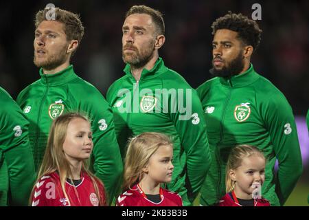 Jeff Hendrick, Richard Keogh und Cyrus Christie aus Irland im Rahmen des UEFA Nations League B Group 4-Spiels zwischen Dänemark und der Republik Irland am 19. November 2018 im Ceres Park in Aarhus, Dänemark (Foto: Andrew Surma/NurPhoto) Stockfoto