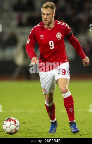 Nicolai Jorgensen aus Dänemark im Einsatz beim UEFA Nations League B Group 4-Spiel zwischen Dänemark und der Republik Irland am 19. November 2018 im Ceres Park in Aarhus, Dänemark (Foto: Andrew Surma/NurPhoto) Stockfoto