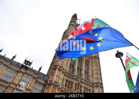 Vor dem Parlament findet eine Anti-Brexit-Demonstration statt, am 5. Dezember 2018 wird in London unter EU- und UK-Fahnen gehisst. (Foto von Alberto Pezzali/NurPhoto) Stockfoto