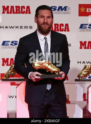 Lieferung des Goldenen Schuhs an Leo Messi, der am 18.. Dezember 2018 als bester europäischer Torschütze der Saison 2017/18 in Barcelona, Spanien, gilt. (Foto von Joan Valls/Urbanandsport/NurPhoto) Stockfoto