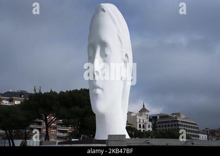 Die Präsentationsskulptur Julia von 12 Metern Höhe von Jaume Plensa, einem Katalanen, auf der Plaza de Colon in Madrid, Spanien, Mittwoch, 20. Dezember 2018. Die Skulptur wird ab Dezember 20 für ein Jahr auf dem alten Sockel, auf dem sich die Kolumbus-Statue befindet, ausgestellt. (Foto von Oscar Gonzalez/NurPhoto) Stockfoto