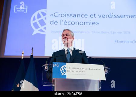 Der französische Wirtschaftsminister Bruno Le Maire hält am 8. Januar 2019 in Paris eine Rede während eines Symposiums mit dem Titel „Wachstum und Ökologisierung der Wirtschaft“ beim Minister für Wirtschaft, Finanzen und Industrie. (Foto von Michel Stoupak/NurPhoto) Stockfoto