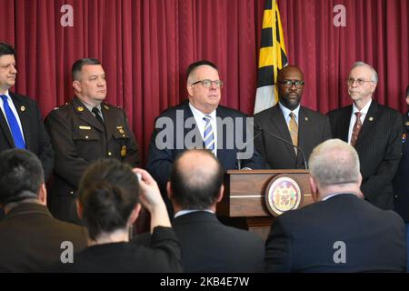 Gouverneur Larry Hogan aus Maryland hält am 9. Januar 2019 eine Pressekonferenz in Baltimore, MD, ab. (Foto von Kyle Mazza/NurPhoto) Stockfoto